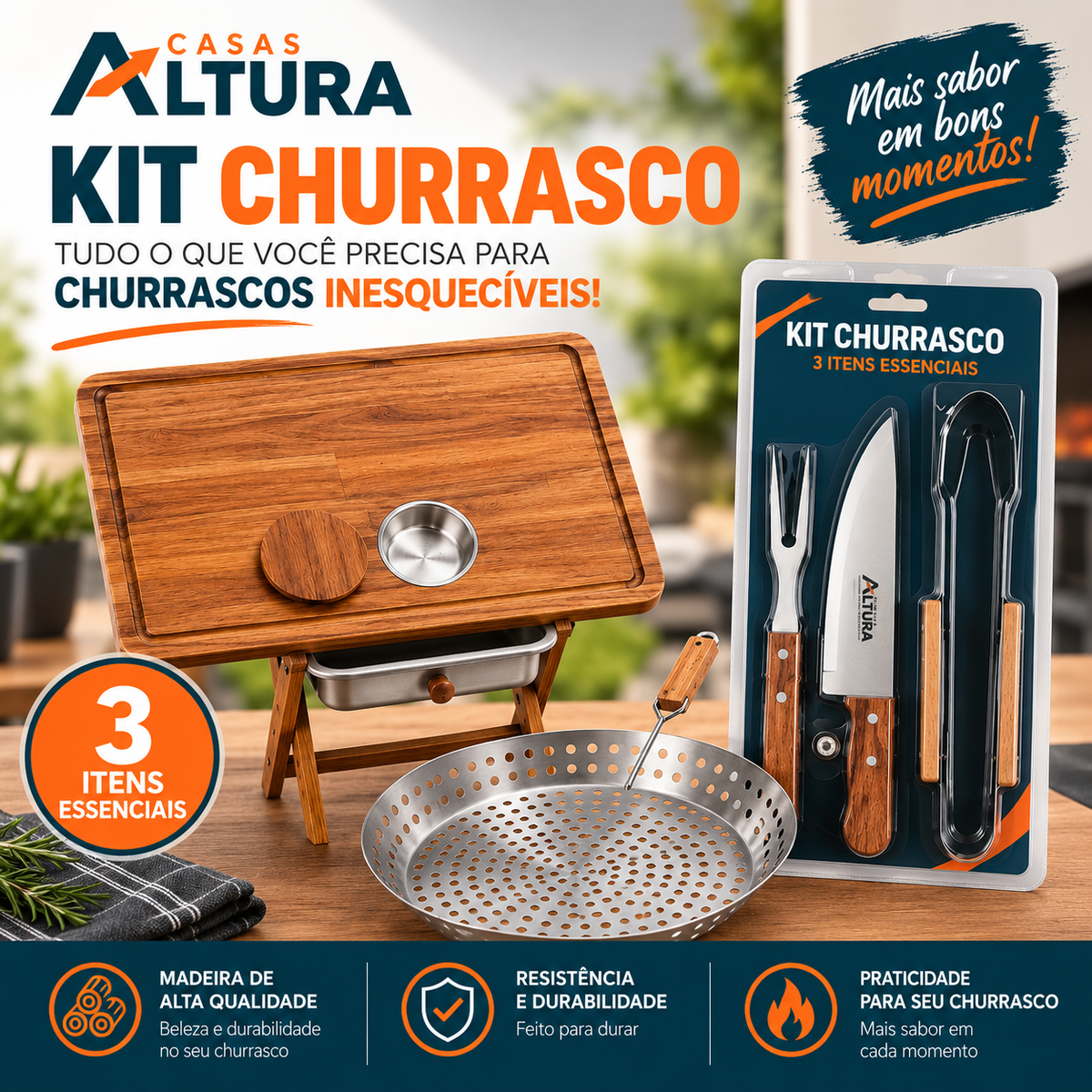 Kit Churrasco Completo 3 em 1 – Mesa Dobrável + Frigideira Inox + Kit Tramontina
